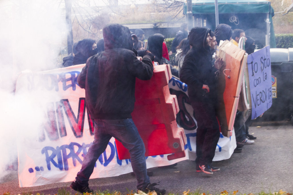 Protesters during the clash against the police in turin,Italy.