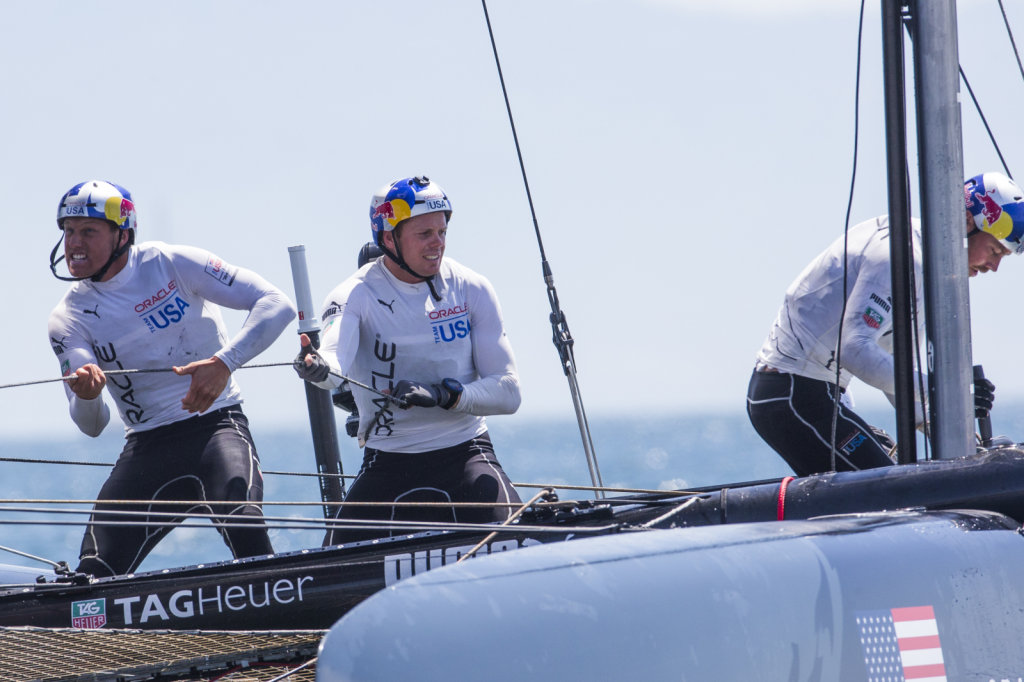 Teams member of ORACLE TEAM USA in action during the AC World Se